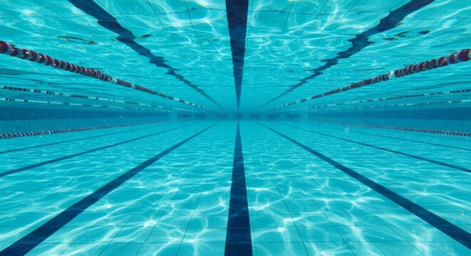 Underwater View of a Sparkling Blue Swimming Pool Lanes, Water, and Reflections