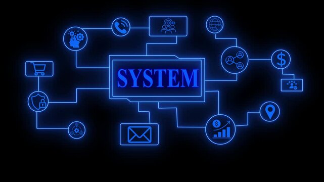 technology system interface animation with neon tech icons and buttons on black background,marketing system concept.A businessman selecting a System Business concept on a futuristic computer display. 