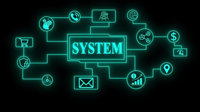 marketing system concept.technology system interface animation with neon tech icons and buttons on black background,A businessman selecting a System Business concept on a futuristic computer display. 