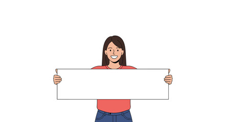Happy woman holds a blank sign for your message presentation idea