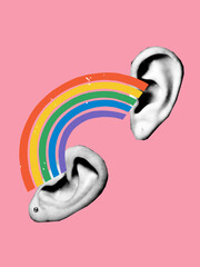 Modern collage of two grayscale human ears with a bright rainbow wave stretching between them, set...