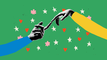 Two hands reaching out and touching, set against a green backdrop filled with colorful hearts,...