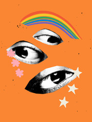 Stylized collage of human eyes in black and white, framed by colorful rainbow elements and symbolic...