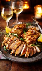 grilled chicken breast on a plate. a plate of chicken with a glass of wine. a plate of meat and vegetables on a table