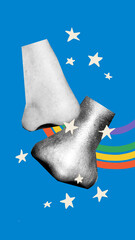 Surreal collage. Two human noses facing each other with rainbow lines and white stars on blue...