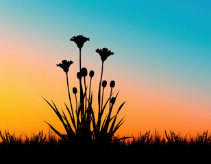 Obraz premium Silhouettes of flowers and grass against a vibrant sunset sky.
