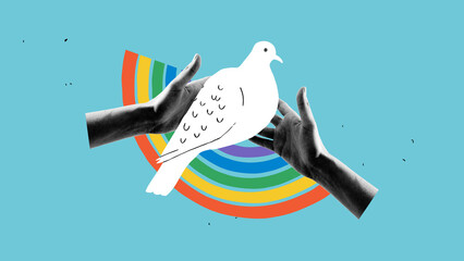 Bright composition. Hands gently hold a dove in front of a rainbow arc on a blue background. Symbol of peace and LGBTQ hope. Concept of social justice awareness campaigns