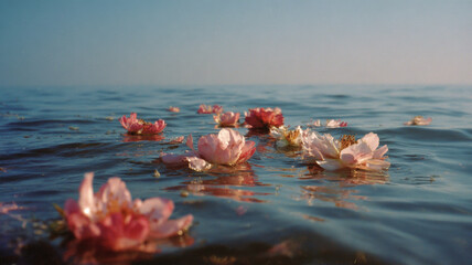 Obraz premium Pink White Lotus Flowers Floating On Calm Blue Water Surface Under Peaceful Sky Creating Meditative