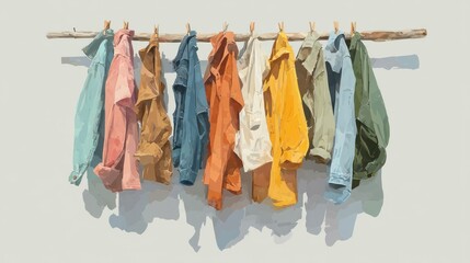 Painterly depiction of colorful jackets hanging on a rustic wooden clothesline