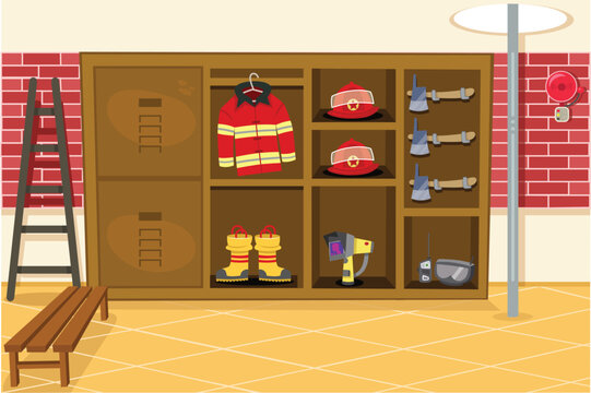 fire station interior with equipment and gear clip art preview