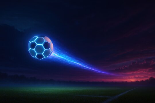 Futuristic soccer ball glowing with blue neon seams flies across a dark night field, leaving a dynamic light trail. Energetic and high-tech sports concept.