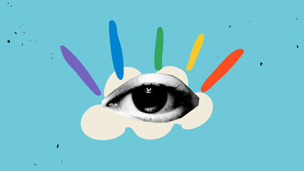 Collage featuring an eye inside a cream-colored cloud with rainbow sunbeams, symbolizing clarity, truth, and LGBTQ pride. Concept of self-reflection and self-discovery journal covers