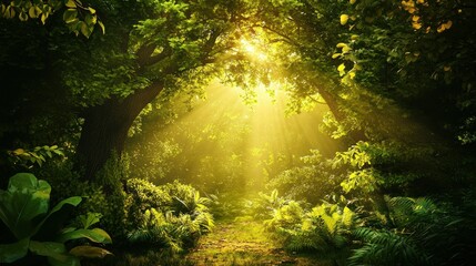 Obraz premium Sunlight Shining Through Forest Trees