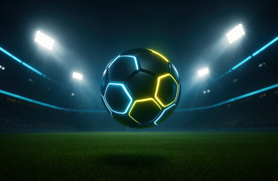 Futuristic soccer ball with neon streaks flying over a stadium field at sunset. Vivid lighting, motion blur, and dramatic sky create a dynamic, energetic sports concept.
