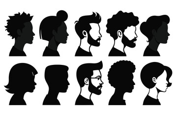 Diverse people profile silhouettes reveal various hairstyles against a bright white background