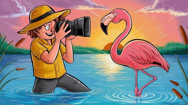 A whimsical animated illustration of a photographer standing in a marsh, taking a close-up shot of a majestic pink flamingo against a beautiful sunset sky