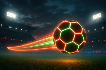 Futuristic soccer ball with neon streaks flying over a stadium field at sunset. Vivid lighting, motion blur, and dramatic sky create a dynamic, energetic sports concept.