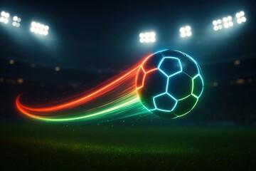 Futuristic soccer ball with neon streaks flying over a stadium field at sunset. Vivid lighting, motion blur, and dramatic sky create a dynamic, energetic sports concept.