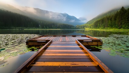 Wooden dock on a tranquil lake surrounded by mountains and forest landscape scenery view