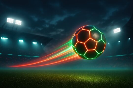 Futuristic soccer ball with neon streaks flying over a stadium field at sunset. Vivid lighting, motion blur, and dramatic sky create a dynamic, energetic sports concept.