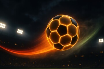 Futuristic soccer ball with neon streaks flying over a stadium field at sunset. Vivid lighting, motion blur, and dramatic sky create a dynamic, energetic sports concept.