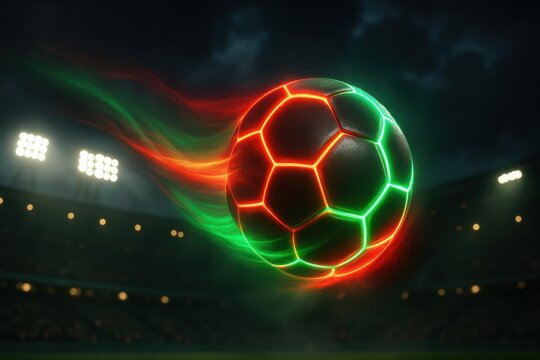 Futuristic soccer ball with neon streaks flying over a stadium field at sunset. Vivid lighting, motion blur, and dramatic sky create a dynamic, energetic sports concept.