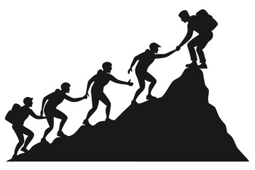 Obraz premium Black silhouette showcases teamwork as people climb, assisting each other up a mountain