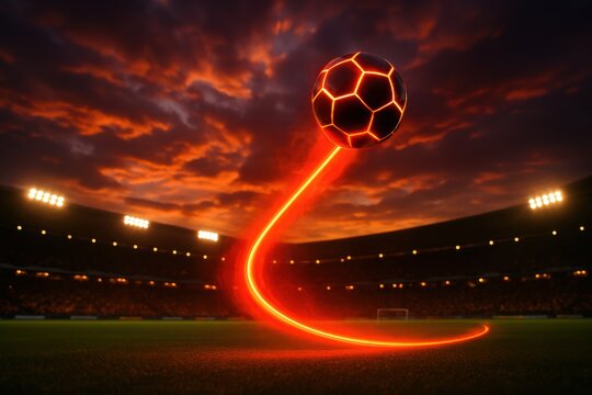 Futuristic soccer ball with neon streaks flying over a stadium field at sunset. Vivid lighting, motion blur, and dramatic sky create a dynamic, energetic sports concept.