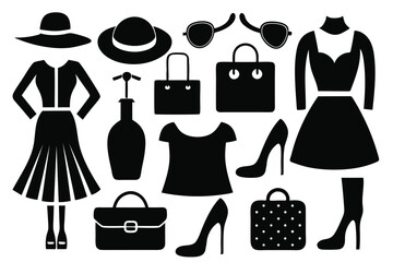 Fototapeta premium Stylish woman's wardrobe is showcased with dresses, hats, bags, shoes, and accessories in black silhouette with transparent background