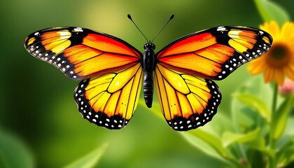 Naklejka premium Monarch Butterfly on Orange Blossom – Stunning Macro of Nature’s Elegance