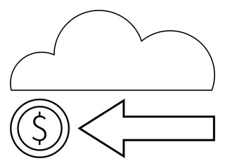 Cloud outline above dollar coin next to left-pointing arrow. Ideal for cloud computing, financial management, data transfer, business solutions, online storage, payment systems, simple landing page
