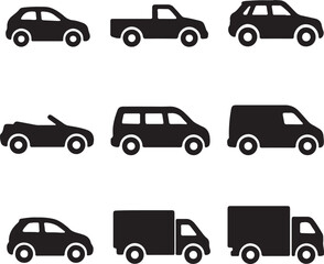 Vehicle Silhouette Icon Set &ndash; Cars, Trucks, Vans & Pickup Profiles in Minimalist Style