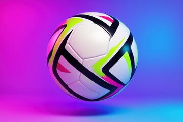 Modern soccer ball with bold geometric design in neon pink, lime green, and black, isolated on a vibrant gradient background in pink, purple, and blue. Stylish and energetic sports concept.