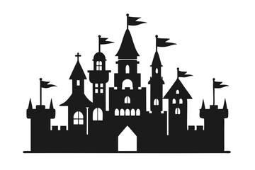 Majestic castle silhouette with towers and flags creates a whimsical and enchanting on transparent background
