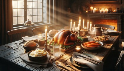 Rustic Holiday Feast with Roasted Turkey and Candlelight 8K Resolution