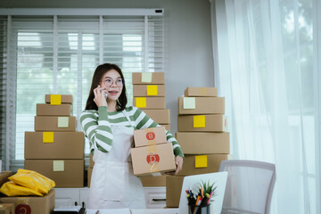 A young woman entrepreneur manages her online business from home, surrounded by parcel boxes, using...