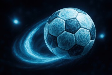 Futuristic soccer ball with ice-like texture spinning through a glowing blue energy vortex in space. Dynamic and surreal concept with cosmic and sci-fi aesthetics.