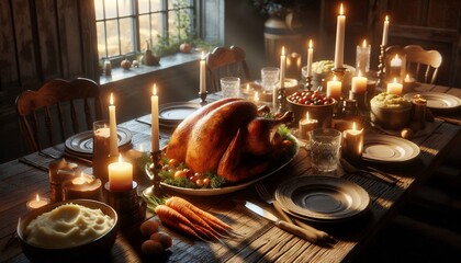 Rustic Holiday Feast with Roasted Turkey and Candlelight 8K Resolution