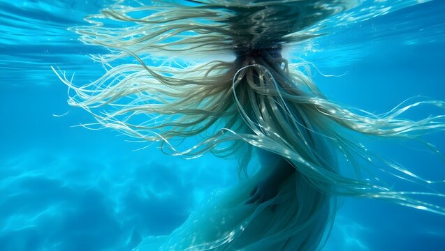 A woman with long blonde hair submerged in clear blue water creating a surreal underwater scene view - Powered by Adobe