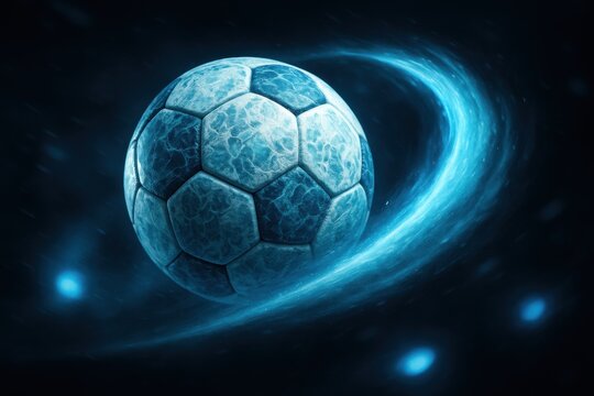 Futuristic soccer ball with ice-like texture spinning through a glowing blue energy vortex in space. Dynamic and surreal concept with cosmic and sci-fi aesthetics.