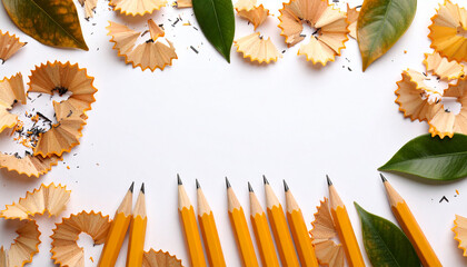 Crafting Creative Visions: A meticulously arranged scene features sharpened pencils, wooden shavings, and vibrant green leaves, evoking the artistry of creation and the essence of learning.