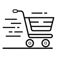 Black icon represents fast shopping cart movement with speed lines against a transparent backdrop