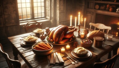 Rustic Holiday Feast with Roasted Turkey and Candlelight 8K Resolution