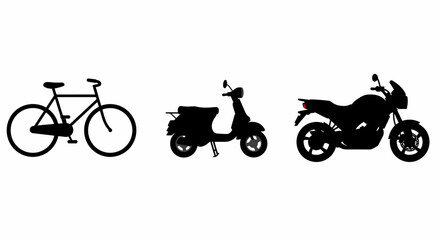 Fototapeta premium Three Black Silhouette Vehicles: Bicycle, Scooter, and Motorcycle on White Background