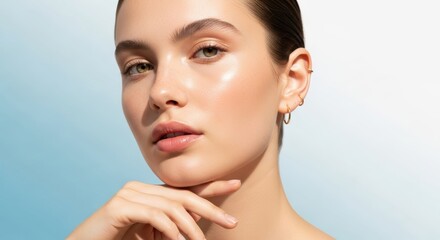 Young caucasian female with radiant skin and gold earrings