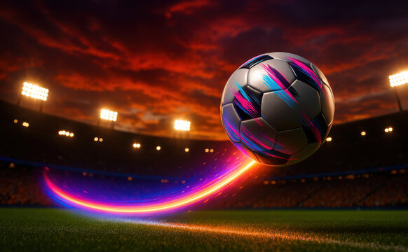 Futuristic soccer ball with neon streaks flying over a stadium field at sunset. Vivid lighting, motion blur, and dramatic sky create a dynamic, energetic sports concept.