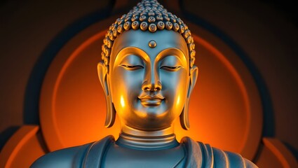 Close up of a metallic buddha statue with a serene expression and a warm orange background glow behind it