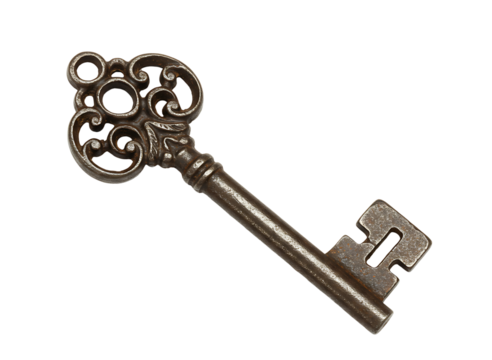 Antique ornate metal skeleton key isolated on transparent background