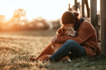 Young woman hugging her dog at sunset in the countryside