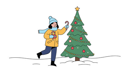 A person decorating a christmas tree outdoors in the snow with candy canes and ornaments